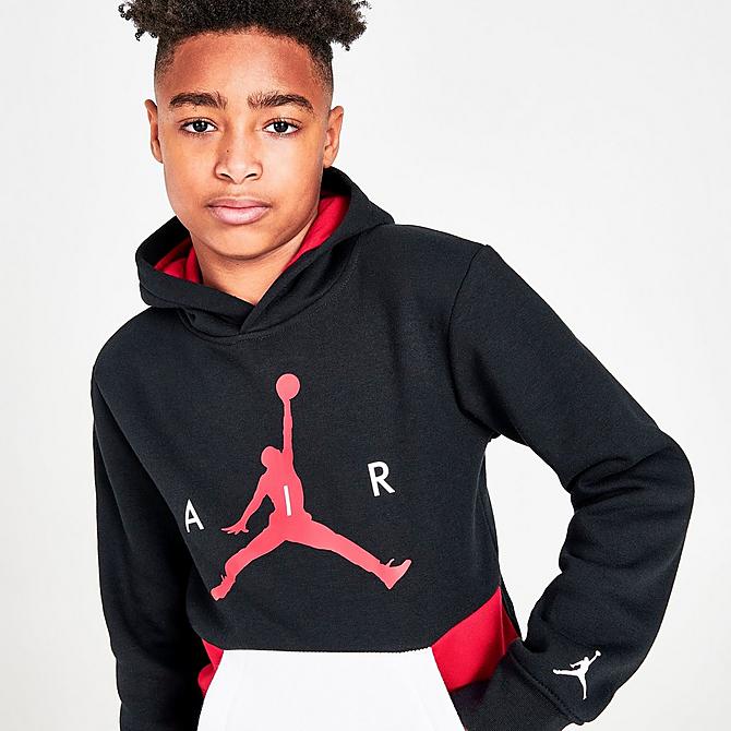 On Model 5 view of Boys' Jordan Wild Utility Pullover Hoodie in Black/Red Click to zoom