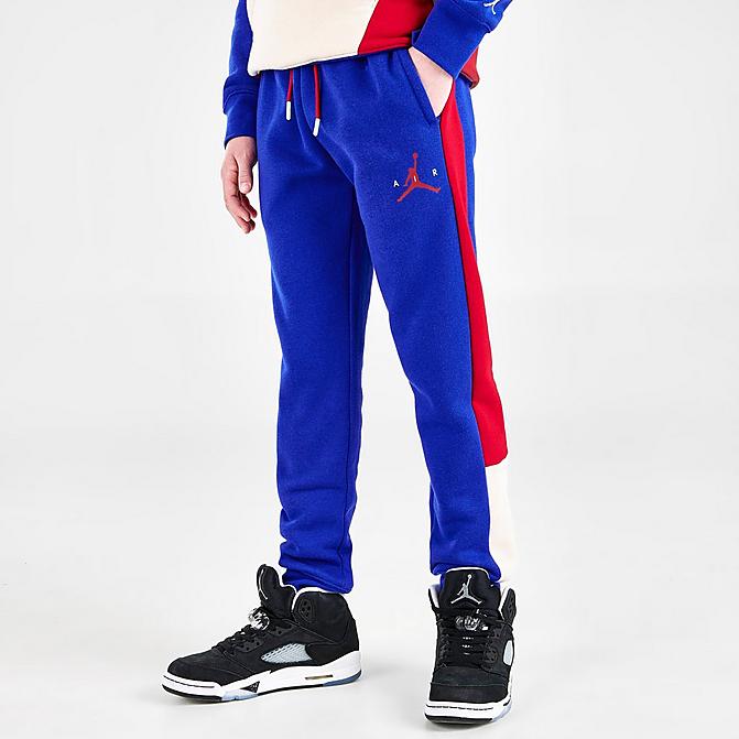 Front view of Boys' Jordan Wild Utility Jogger Pants in Racer Blue/Pearl White/Gym Red Click to zoom