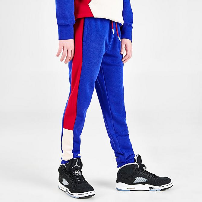Back Left view of Boys' Jordan Wild Utility Jogger Pants in Racer Blue/Pearl White/Gym Red Click to zoom