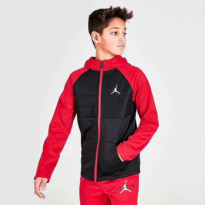 Front view of Boys' Jordan Therma-FIT 2-Fer Jacket in Black/University Red Click to zoom