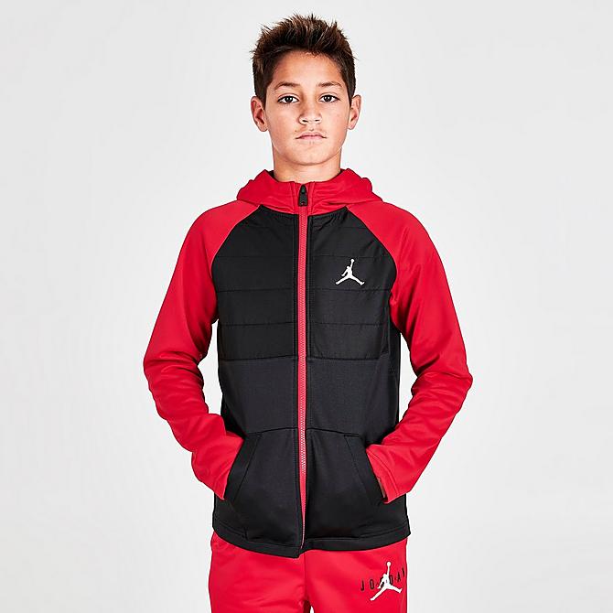 Back Left view of Boys' Jordan Therma-FIT 2-Fer Jacket in Black/University Red Click to zoom