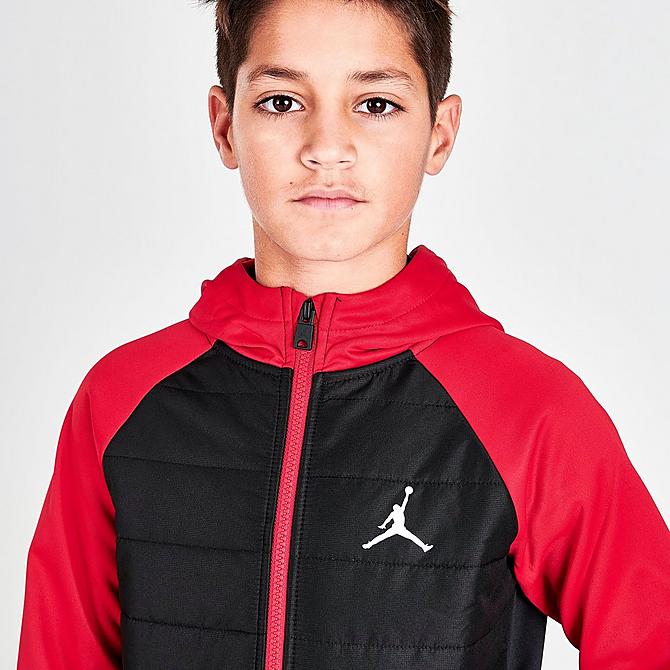 On Model 5 view of Boys' Jordan Therma-FIT 2-Fer Jacket in Black/University Red Click to zoom