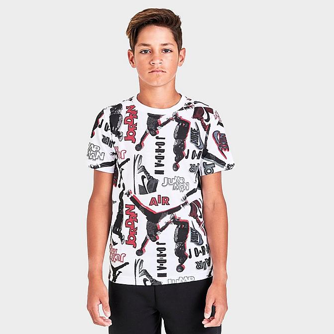 Front view of Boys' Jordan Throwback Allover Print T-Shirt in White/Black Click to zoom