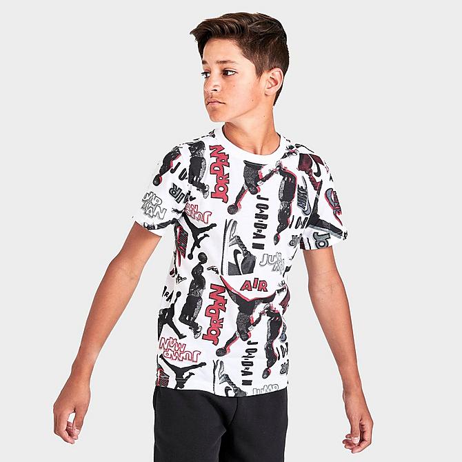 Back Left view of Boys' Jordan Throwback Allover Print T-Shirt in White/Black Click to zoom