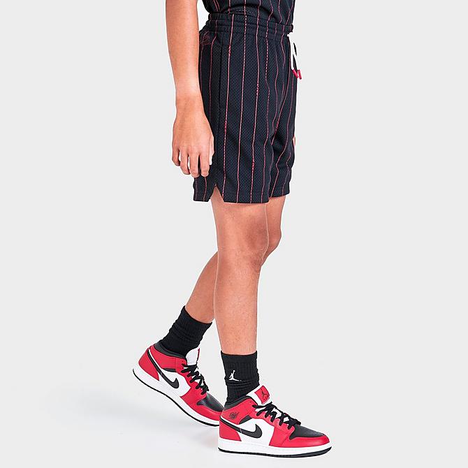 Back Left view of Kids' Jordan Pinstripe Basketball Shorts in Black Click to zoom