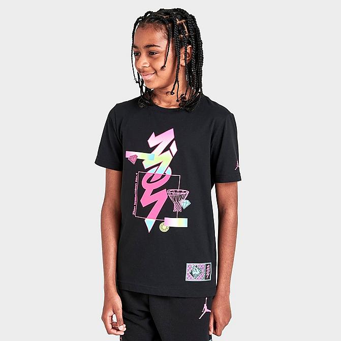 Front view of Kids' Jordan Zion Holographic T-Shirt in Black Click to zoom