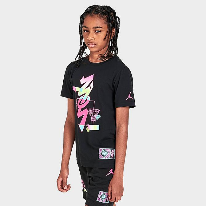 Back Left view of Kids' Jordan Zion Holographic T-Shirt in Black Click to zoom