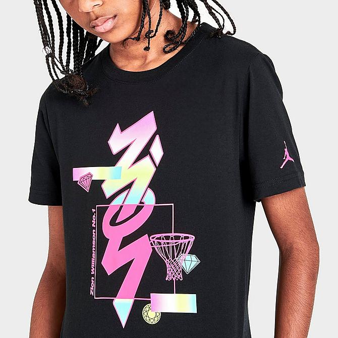 On Model 5 view of Kids' Jordan Zion Holographic T-Shirt in Black Click to zoom