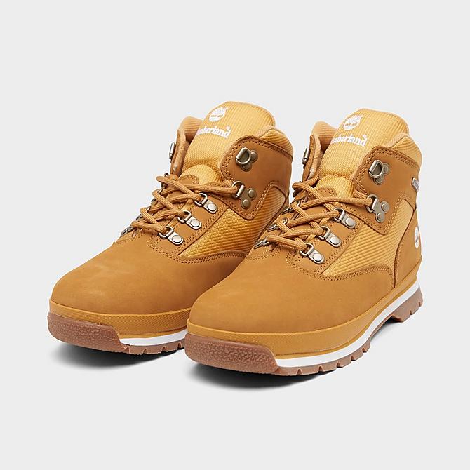 Three Quarter view of Big Kids' Timberland Euro Hiker Boots in Wheat Nubuck Click to zoom