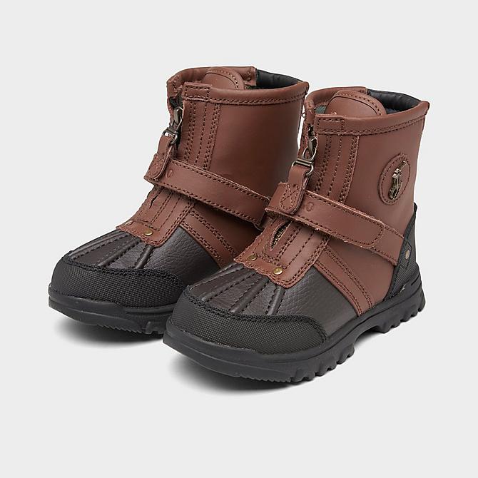 Three Quarter view of Kids' Toddler Polo Ralph Lauren Conquered High Casual Boots in Chocolate/Black Click to zoom