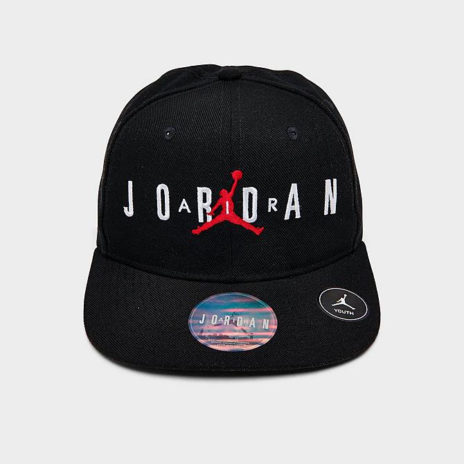 Three Quarter view of Kids' Jordan Jumpman Snapback Hat in Black/Gym Red/White Click to zoom