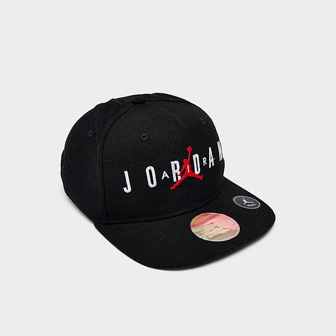Front view of Kids' Jordan Jumpman Snapback Hat in Black/Gym Red/White Click to zoom