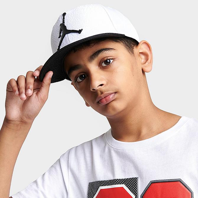 Right view of Kids' Jordan Elephant Snapback Hat in White/Black Click to zoom