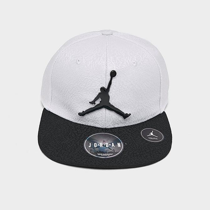 Front view of Kids' Jordan Elephant Snapback Hat in White/Black Click to zoom