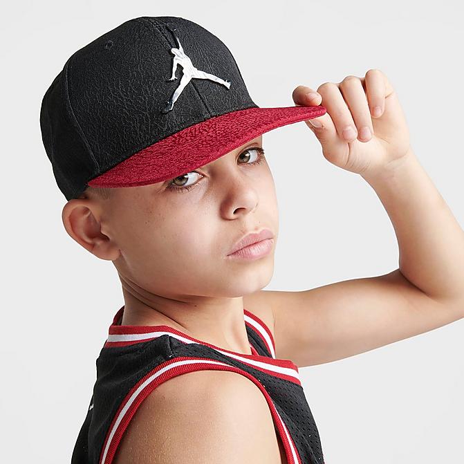 Right view of Kids' Jordan Elephant Snapback Hat in Black/Red Click to zoom
