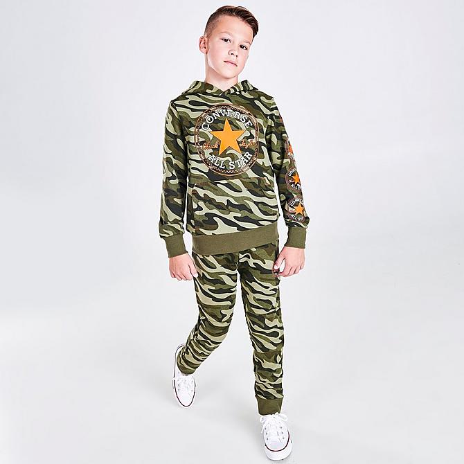 Front Three Quarter view of Boys' Converse Camo Pullover Hoodie in Orange/Camo Green Click to zoom