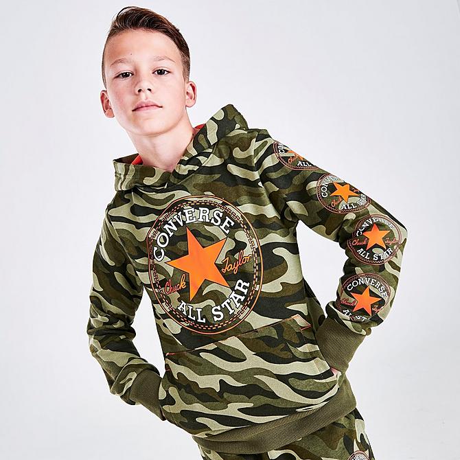 Back Left view of Boys' Converse Camo Pullover Hoodie in Orange/Camo Green Click to zoom