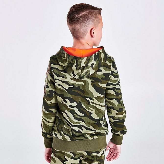 Back Right view of Boys' Converse Camo Pullover Hoodie in Orange/Camo Green Click to zoom