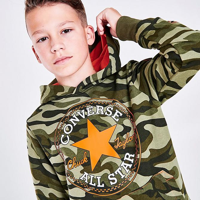 On Model 5 view of Boys' Converse Camo Pullover Hoodie in Orange/Camo Green Click to zoom