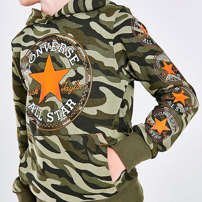 On Model 6 view of Boys' Converse Camo Pullover Hoodie in Orange/Camo Green Click to zoom