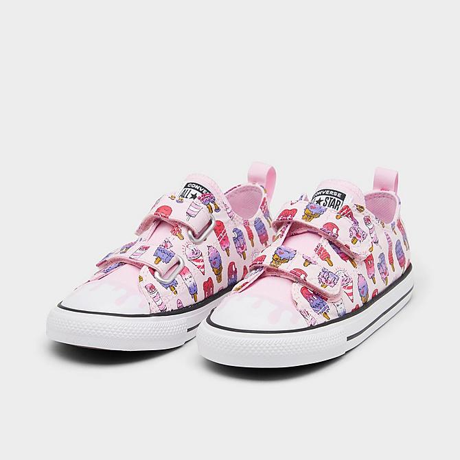 Three Quarter view of Girls' Toddler Converse Chuck Taylor All Star Easy-On Sweet Scoops Casual Shoes in Pink Foam/Prime Pink Click to zoom