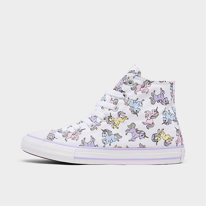Right view of Little Kids' Converse Chuck Taylor All Star High Top Casual Shoes in White/Moonstone Violet/Light Arctic Pink Click to zoom