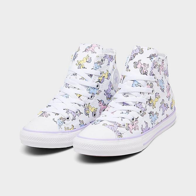 Three Quarter view of Little Kids' Converse Chuck Taylor All Star High Top Casual Shoes in White/Moonstone Violet/Light Arctic Pink Click to zoom
