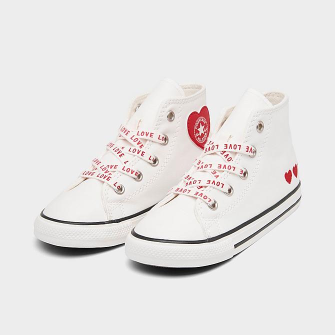 Three Quarter view of Girls' Toddler Converse Chuck Taylor All Star Love High Top Casual Shoes in White/Red Click to zoom