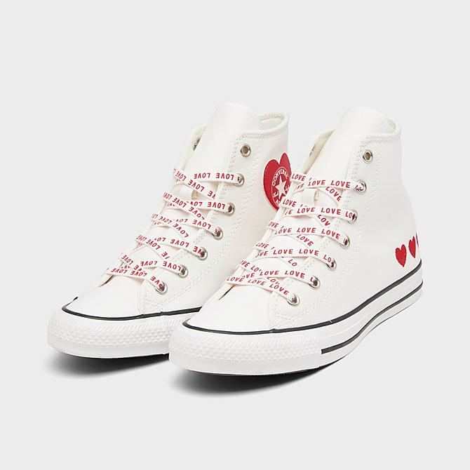 Three Quarter view of Girls' Big Kids' Converse Chuck Taylor All Star Crafted With Love High Top Casual Shoes in Vintage White/University Red Click to zoom