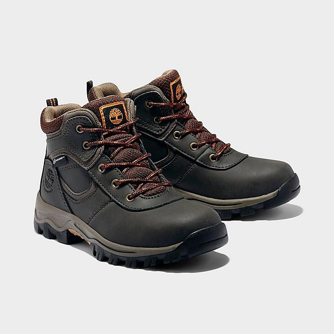 Three Quarter view of Boys' Little Kids' Timberland Mt. Maddsen Waterproof Hiking Boots in Dark Brown Click to zoom