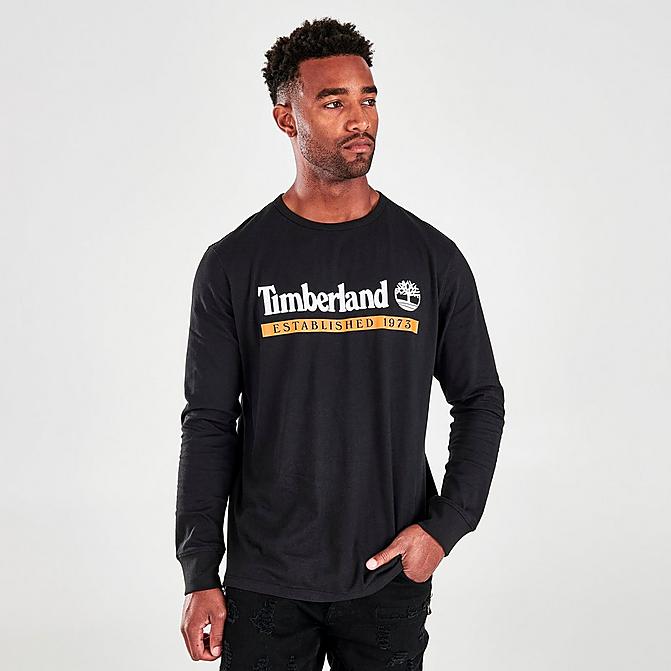 Front view of Men's Timberland Established 1973 Long-Sleeve T-Shirt in Black/Wheat Boot Click to zoom