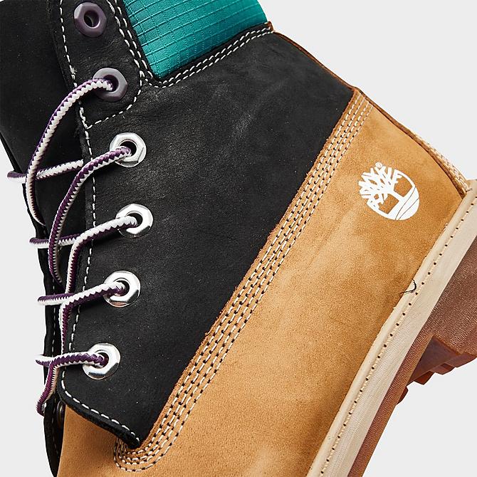 Front view of Big Kids' Timberland 6 Inch Premium Waterproof Boots in Wheat/Black/Turquoise Click to zoom