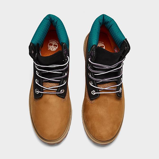 Back view of Big Kids' Timberland 6 Inch Premium Waterproof Boots in Wheat/Black/Turquoise Click to zoom
