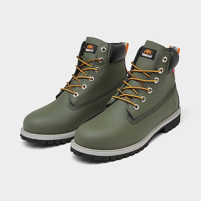 Three Quarter view of Big Kids' Timberland 6 Inch Premium Safety Boots in Green Click to zoom