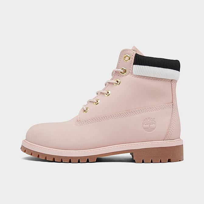 Right view of Girls' Big Kids' Timberland 6 Inch Premium Waterproof Boots in Light Pink Click to zoom