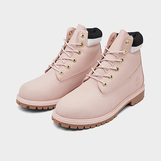 Three Quarter view of Girls' Big Kids' Timberland 6 Inch Premium Waterproof Boots in Light Pink Click to zoom