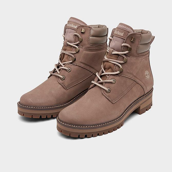 Three Quarter view of Women's Timberland Courmayeur Valley 6-Inch Waterproof Boots in Taupe Nubuck Click to zoom