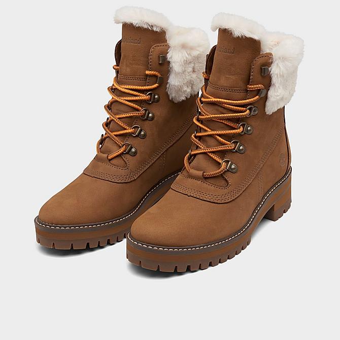 Three Quarter view of Women's Timberland Courmayeur Valley Waterproof 6 Inch Shearling Boots in Medium Brown Nubuck Click to zoom