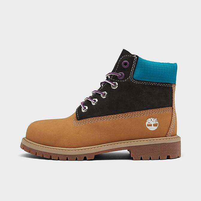 Right view of Little Kids' Timberland 6 Inch Classic Premium Waterproof Boots in Wheat/Black/Turquoise Click to zoom
