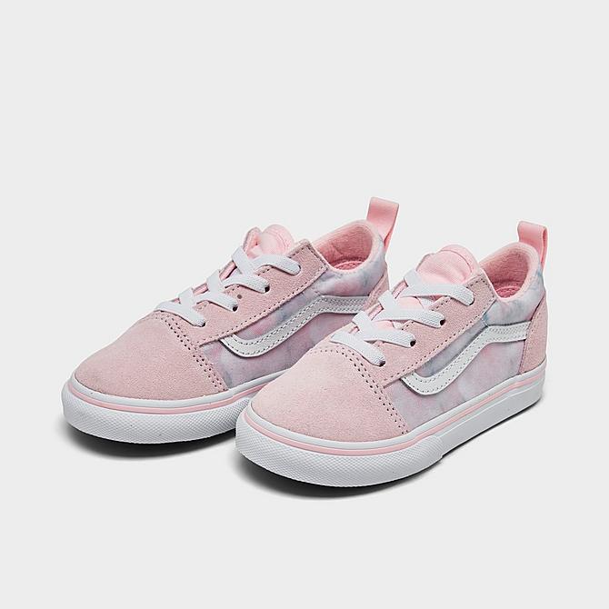 Three Quarter view of Girls' Toddler Vans Old Skool Casual Shoes in Baby Pink/White Click to zoom