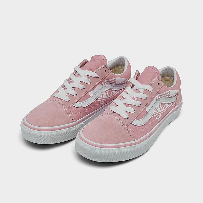 Three Quarter view of Girls' Big Kids' Vans Old Skool Casual Shoes in Off The Wall Powder Pink Click to zoom