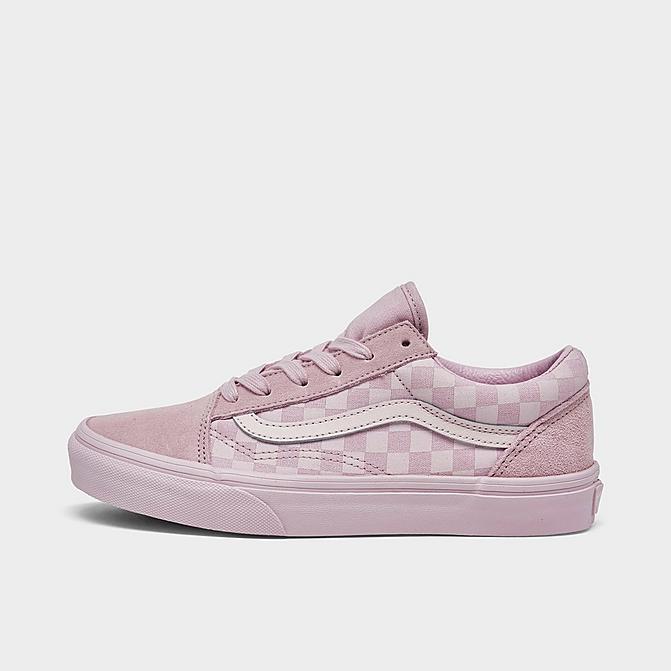 Right view of Girls' Big Kids' Vans Suede Old Skool Casual Shoes in Lilac Snow/Pink Checkerboard Click to zoom