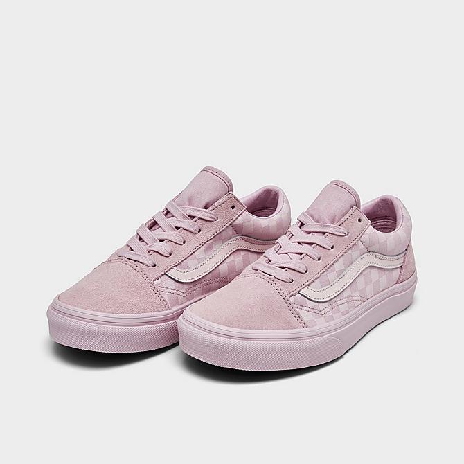 Three Quarter view of Girls' Big Kids' Vans Suede Old Skool Casual Shoes in Lilac Snow/Pink Checkerboard Click to zoom