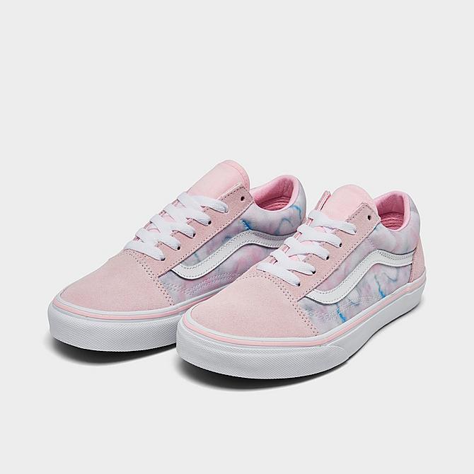 Three Quarter view of Girls' Big Kids' Vans Old Skool Casual Shoes in Baby Pink/White Click to zoom