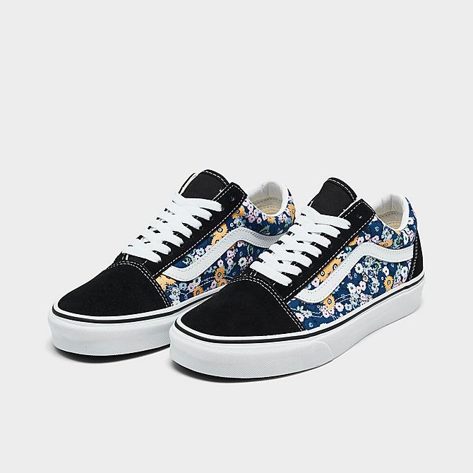 Three Quarter view of Women's Vans Old Skool Flower Print Casual Shoes in Black/Multi Click to zoom
