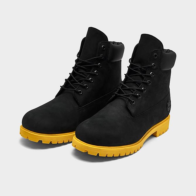 Three Quarter view of Men's Timberland 6 Inch BHM Premium Waterproof Boots in Black/Yellow Click to zoom