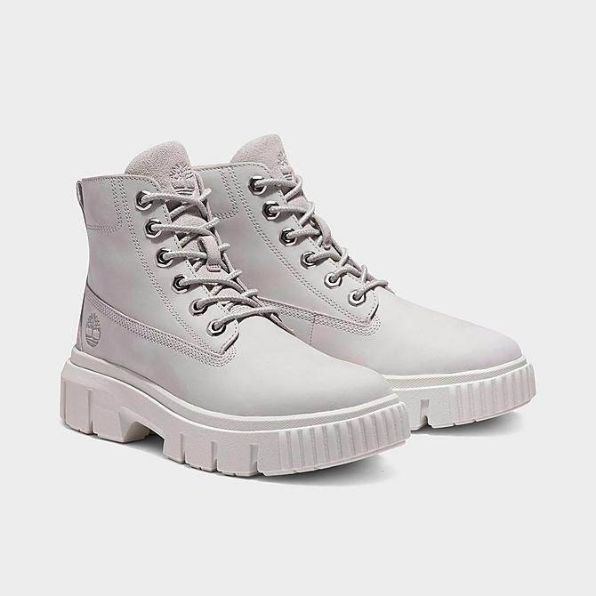 Three Quarter view of Women's Timberland Greyfield Boots in Light Grey Nubuck Click to zoom