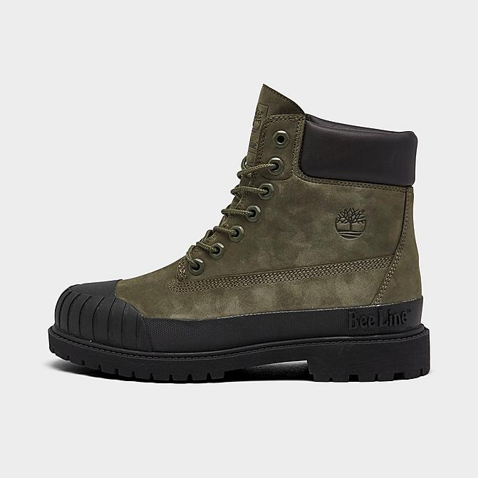Right view of Men's Timberland x Bee Line 6 Inch Premium Rubber Toe Boots in Dark Green/Black Click to zoom
