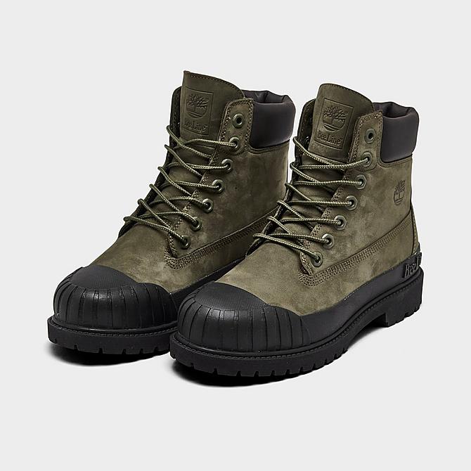 Three Quarter view of Men's Timberland x Bee Line 6 Inch Premium Rubber Toe Boots in Dark Green/Black Click to zoom