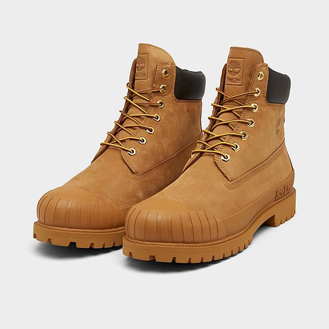 Three Quarter view of Men's Timberland x Bee Line 6 Inch Premium Rubber Toe Boots in Wheat Nubuck Click to zoom